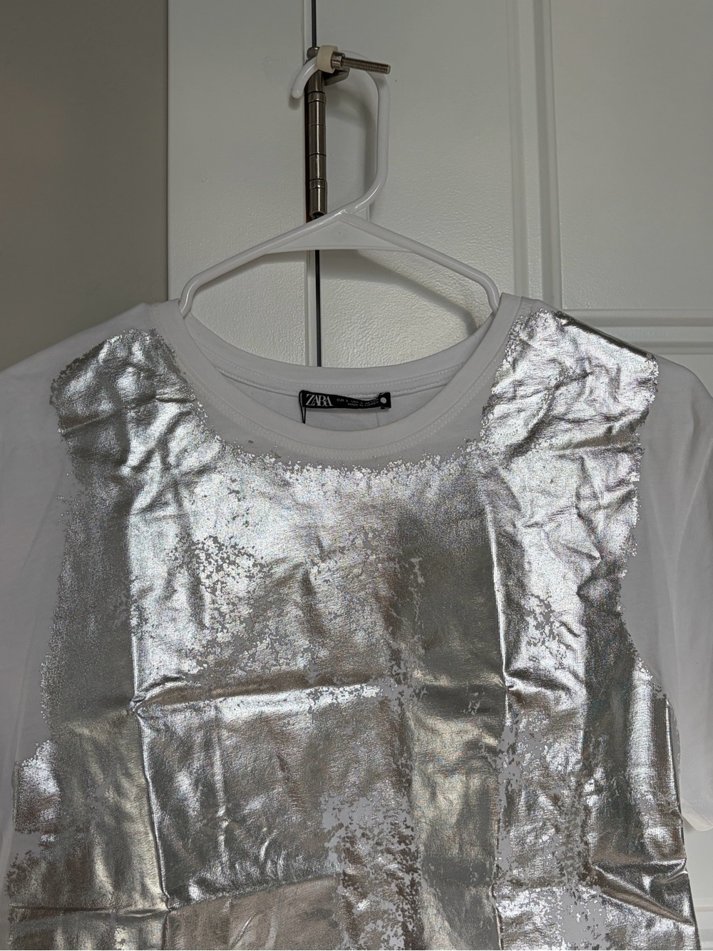 Zara White Short Sleeve Tee with Silver Foil Front